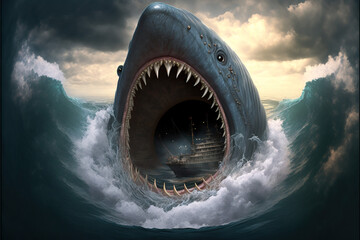 Giant sea monster shark devouring an ocean cruiser ship in a whirpool on the sea - obrazy, fototapety, plakaty