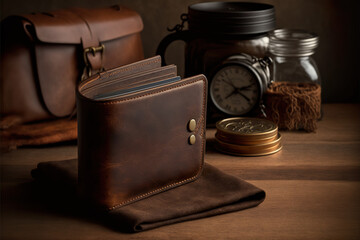 Brown Leather wallet purse on wooden table fashion mockup for business advertisement - obrazy, fototapety, plakaty