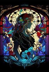 Obraz premium silhouette stained Glass women and floral Generative AI
