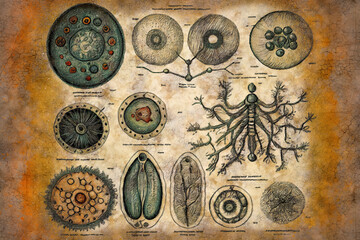 Fototapeta na wymiar Drawings of microbes in antique book with annotations on an abstract language, illustration