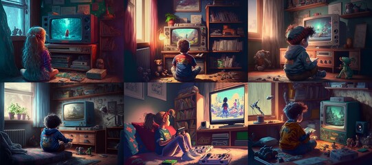 Kids in their rooms playing video games in the 80s.  A collection of 6 images. Generative AI - obrazy, fototapety, plakaty