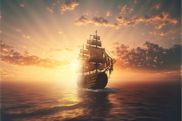 an impressive illustration of a medieval ship at sunset, generative ai technology - obrazy, fototapety, plakaty