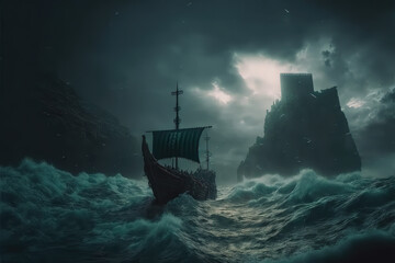 a stormy scene illustration of a ship in heavy storm, generative ai technology