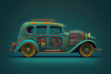 a simple cartoon inspired oldtimer illustration mixed with steampunk, generative ai technology - obrazy, fototapety, plakaty