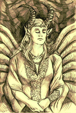 Illustration of an elegant mystic elvish woman with big horns, sitting with closed eyes