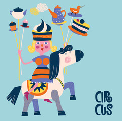 poster for a cafe where a woman juggler riding a circus horse. Woman acrobat juggle with plate, cakes