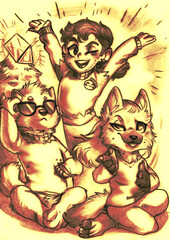 Cute chibi style  illustration of three happy characters, two are anthropomorphic dogs and one is a man with long hair