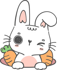 Cute happy smile white bunny rabbit with carrot in hole cartoon doodle animal character hand drawing 