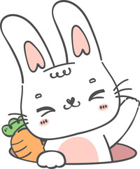 Cute happy  bunny rabbit with carrot in hole cartoon doodle animal character hand drawing 