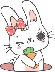 Cute happy smile white bunny rabbit with carrot in hole cartoon doodle animal character hand drawing 