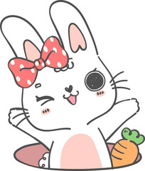 Cute happy smile white bunny rabbit with carrot in hole cartoon doodle animal character hand drawing 