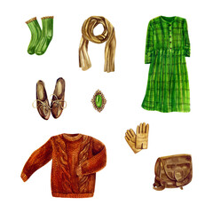 A set of vintage clothes. Dress, sweater, socks, bag, shoes, gloves, scarf.