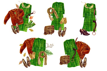 Ready-made sets of vintage clothing. Selected stylish images. Watercolor illustration.