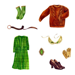 A set of vintage clothes. Dress, sweater, socks, collar, shoes, gloves. - obrazy, fototapety, plakaty