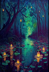 a mystical forest filled with lanterns and fireflies Generative AI
