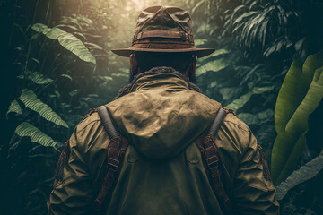 Explorer man walking into jungle, ai generative illustration. Adventure concept.
