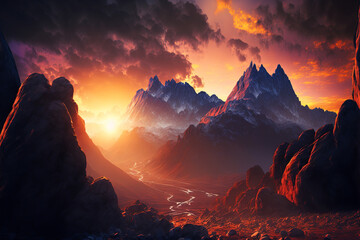 Amazing sunset light over mountains and rocks, ai generative illustration.