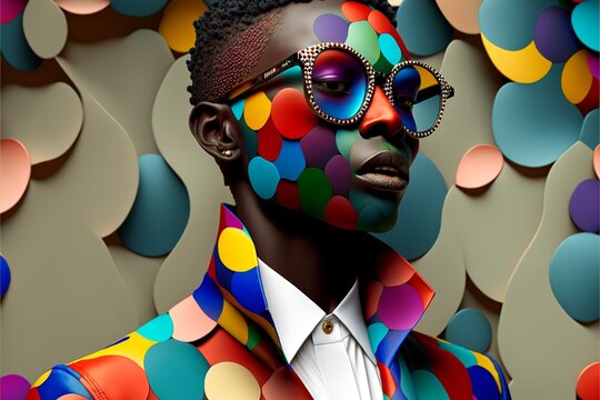 Junger h&uuml;bscher Afroamerikaner mit ausgefallenem buntem Make-Up und Outfit Nahaufnahme