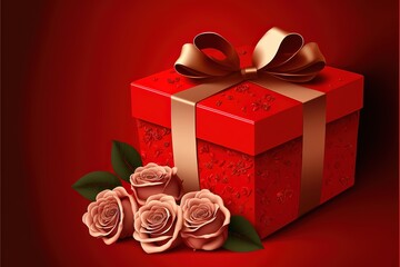 Valentines day card with gift box and rose flower with red background. Generative AI