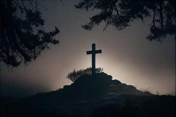 a cross stands on top of a hill in midnight misty Generative AI