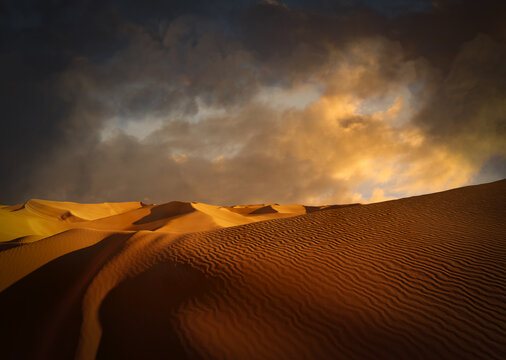 Sand dunes Sahara Desert at sunset, 3D illustration