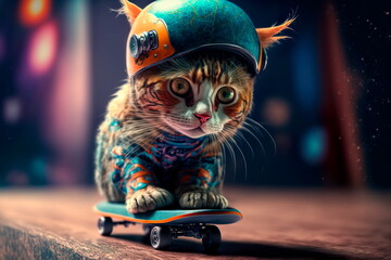 Skateboarding cat with a helmet on his head Generative AI