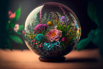 Fototapeta na wymiar Floral arrangement inside a glass sphere on a floral background Generative AI