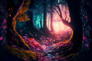 Fantasy wonderland landscape in dark forest Generative AI