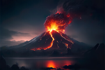 volcanic eruption, in a beautiful night landscape - obrazy, fototapety, plakaty