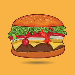 Delicious fresh burger vector 3d illustration Big burger logo doodle and website, promotional items