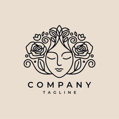 Line Art Natural Floral Beauty woman face logo design