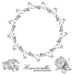 Floral wreath with graphic romantic flowers.