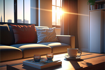Apartment living room with a couch, a coffee table with tea, and a blue sky with the sun visible through the windows. Generative ai