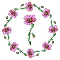 Bright vector flowers pink poppies. Wreath with poppy flowers.