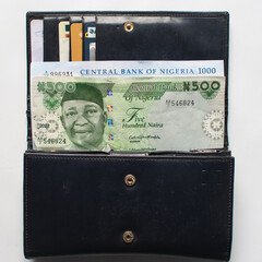 The new Nigerian 500 Naira note in a wallet, Nigeria's new currency