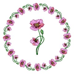 Bright vector flowers pink poppies. Wreath with poppy flowers.