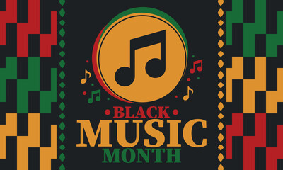 Black Music Month in June. African-American Music Appreciation Month. Celebrated annual in United States. Music concept. Poster, card, banner and background. Vector illustration