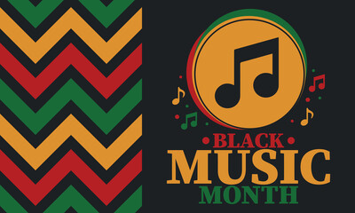 Black Music Month in June. African-American Music Appreciation Month. Celebrated annual in United States. Music concept. Poster, card, banner and background. Vector illustration