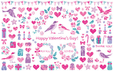 バレンタインデー　小鳥　ハート　イラスト素材セット
