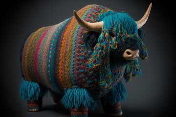 Obraz premium Knitted animals welcome everybody in the wonderful yarnworld of creativity, yarn, landscape, handmadelike colorful pieces, AI generative