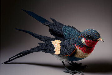 Colorful knitted bird made by yarn as presentation of the endless beautiness of nature, wings of creativity, wonderful handmadelike creations, AI generative