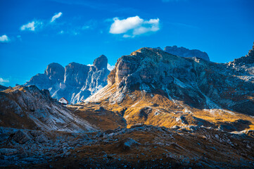 Sunset over the Dolomites. Park of the three peaks of Lavaredo.