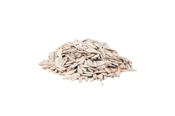 Heap of raw shelled sunflower seeds isolated on white background from above