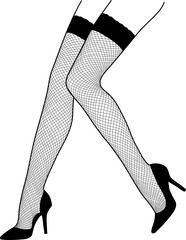 Sexy women's legs in fishnet stockings and black high heel line art.