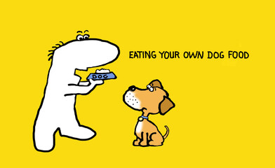 cartoon man eating dogfood with dog watching - dogfooding