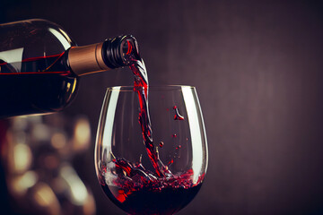 Rotwein fließt aus einer Flasche in ein Weinglas mit Platzhalter im Hintergrund - Generative Ai - obrazy, fototapety, plakaty