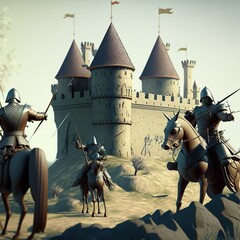 army, archers, horsemen, cannons, modern computer graphics, castle in the background knight sword