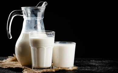 Fresh homemade milk on the table in a glass. 