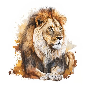 Cute Colour Lion, Hand Drawn On White Background, Real Drawn Glazed King Portrait 