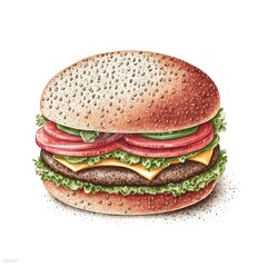 hamburger, hand drawn on white background, real drawn , color sesame vegetables ketchup mustard